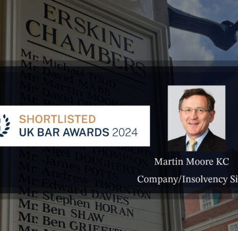 Photo of Martin Moore KC nominated as Company/Insolvency Silk of the year in the upcoming Chambers UK Bar Awards 2024.