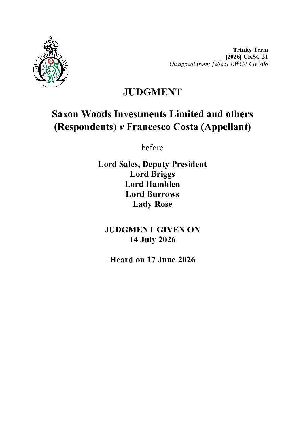 Photo of Saxon Woods Investments Limited and others (Respondents) v Francesco Costa (Appellant) [2026] UKSC 21
